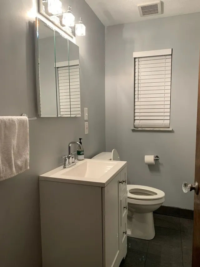 Small gray bathroom with vanity, toilet, mirror, and window blinds.
