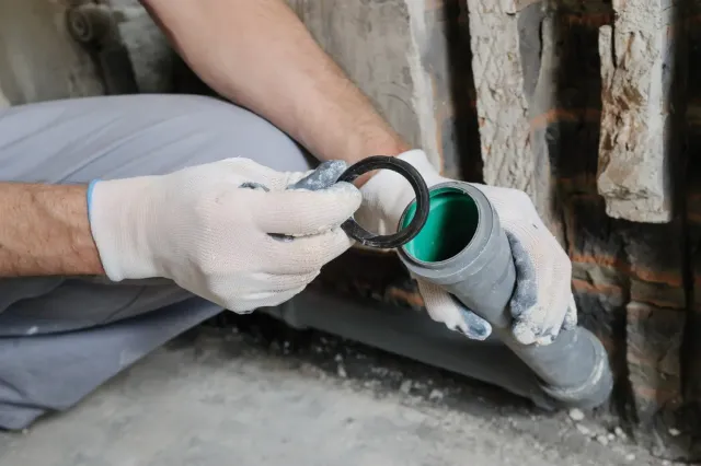 Gloved plumber fitting a rubber seal ring onto a gray PVC drain pipe