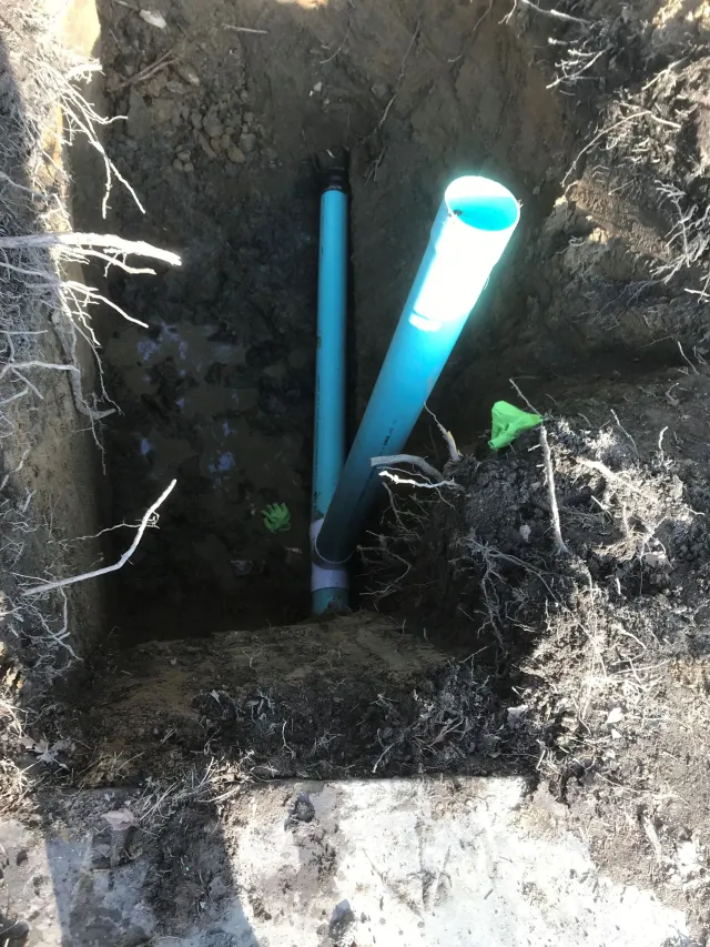 Two blue PVC pipes standing in a narrow dirt trench beside exposed roots.